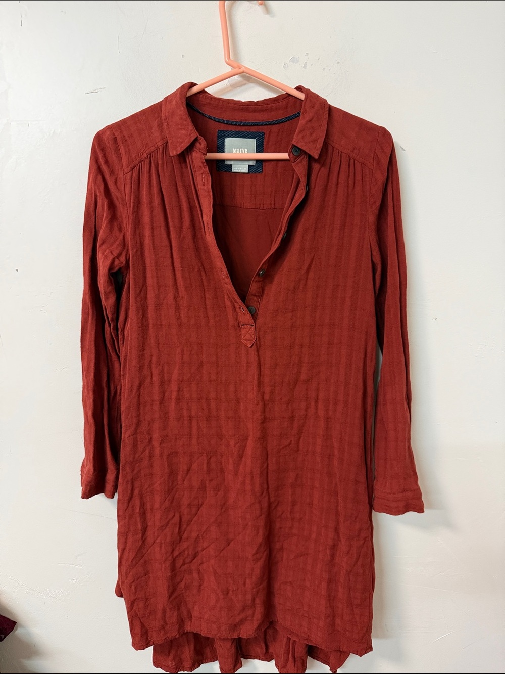 Maeve Brick Red Button-Placket Tunic Dress